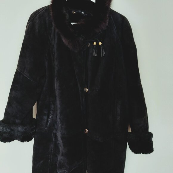 Vintage Neiman Marcus Black Suede Coat w/ Faux Fur Lining. Women's L - Picture 2 of 7